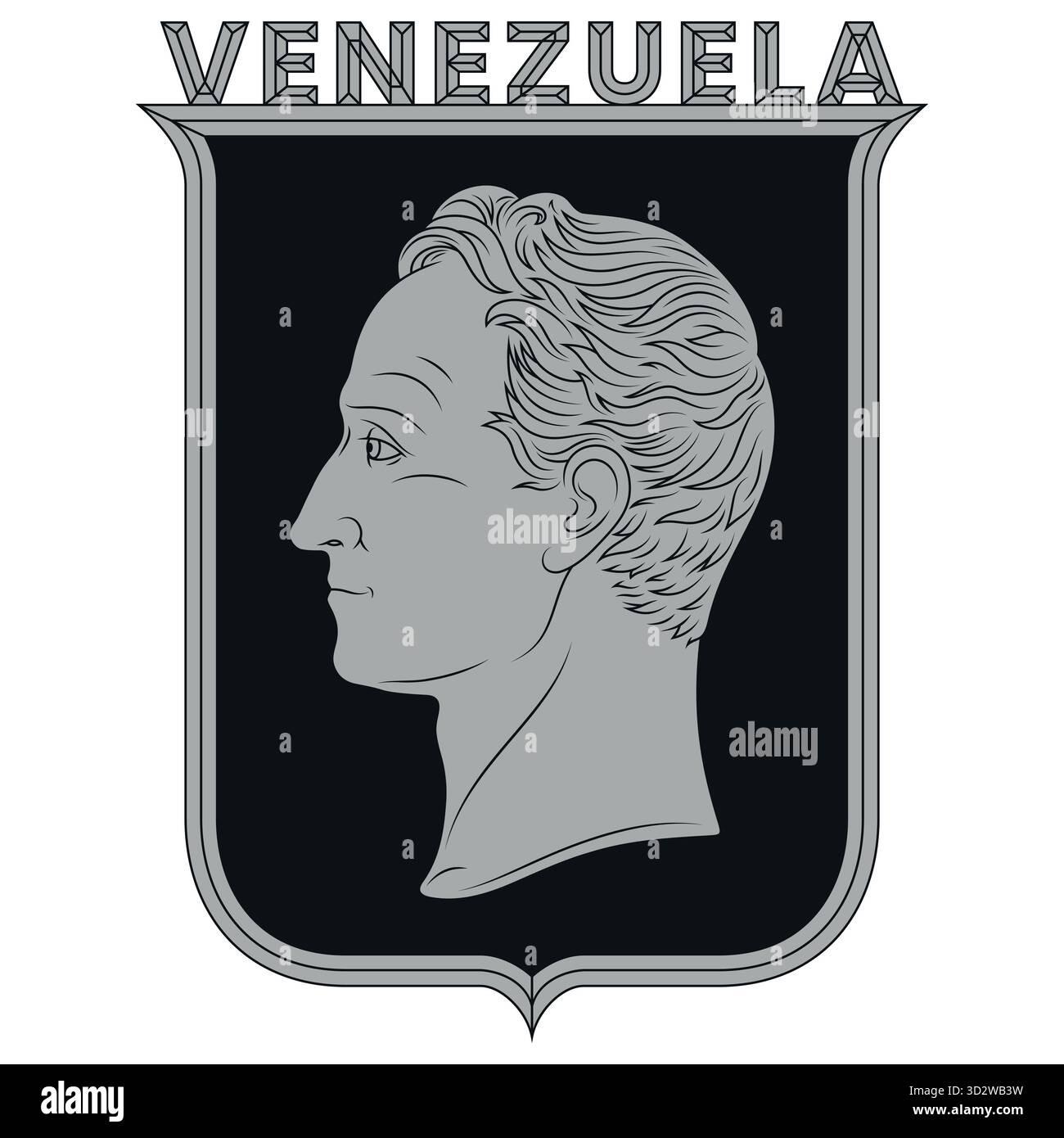 Profilo busto di Simón Bolívar, liberatore del Venezuela, busto di Simón Bolívar su uno scudo araldico Illustrazione Vettoriale