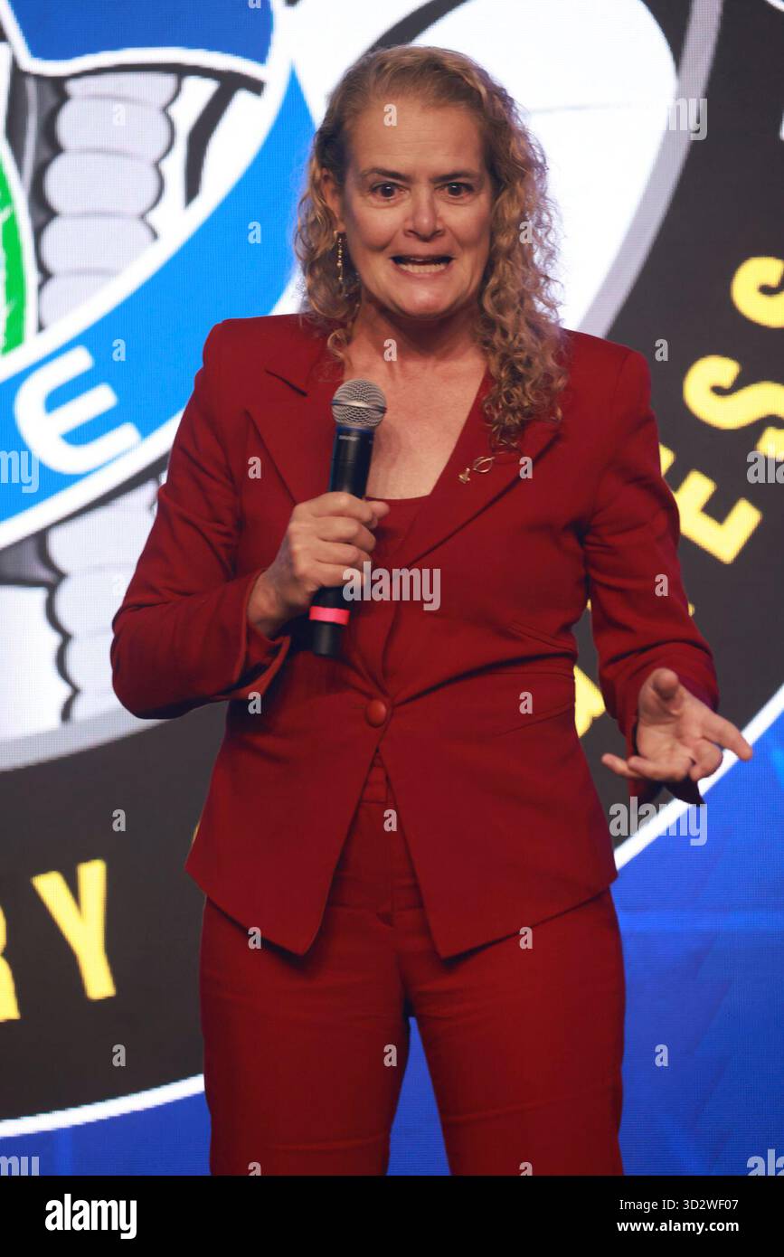 San Paolo, San Paolo, Brasile. 3 novembre 2025. Mogi das Cruzes (SP), 03/11/2025 Ã¢â‚¬ Aeronautics/Astronaut/Meeting/SP Ã¢â‚¬' Julie Payette, ingegnere e astronauta dell'Agenzia spaziale canadese ed ex Governatore generale del Canada, partecipa al 36° Congresso planetario dell'Associazione degli esploratori spaziali (ASE), dal 3 al 7 novembre 2025. L'evento riunisce circa 100 astronauti, cosmonauti e taikonauti provenienti da 20 paesi per una settimana di esclusive sessioni tecniche, networking internazionale ed eventi culturali, presso il Club Med Lake Paradise (Mogi das Cruz Foto Stock