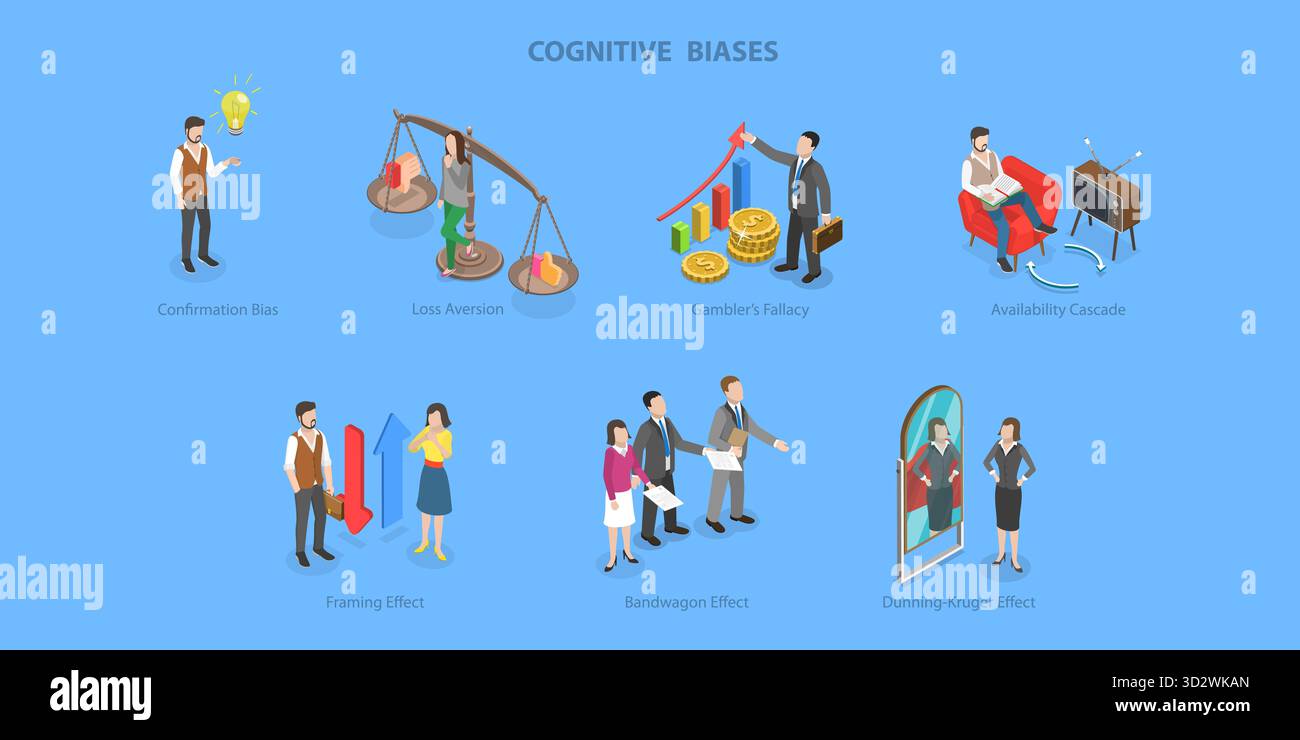 Illustrazione concettuale piatta isometrica 3D dei pregiudizi cognitivi, processo di percezione per interpretare le informazioni illustrazione concettuale piatta isometrica 3D dei pregiudizi cognitivi, processo di percezione per interpretare le informazioni Foto Stock