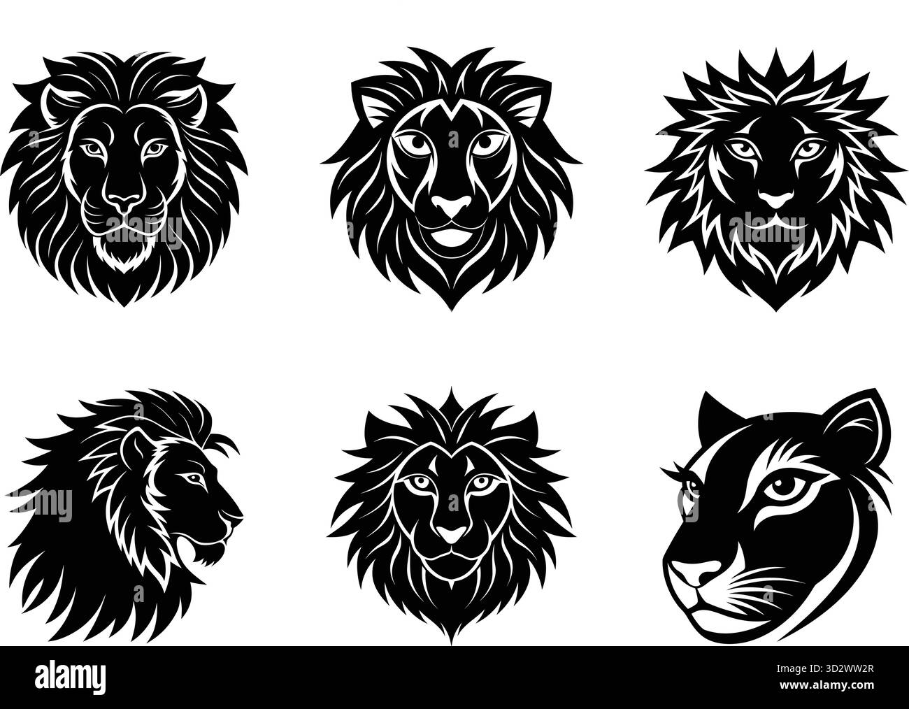 Collezione di maestose teste di gatto grandi in stile grafico monocromatico Illustrazione Vettoriale