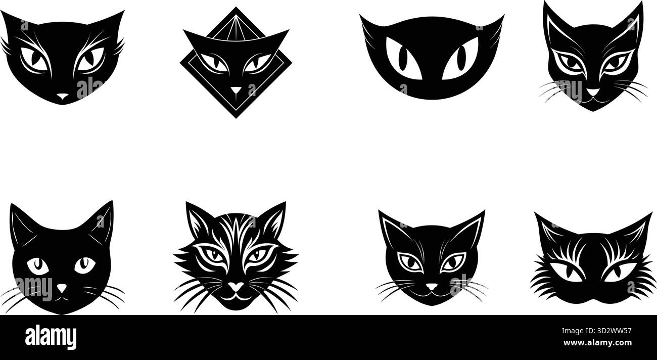 Collezione di illustrazioni di teste di gatto nere stilizzate in varie forme geometriche Illustrazione Vettoriale