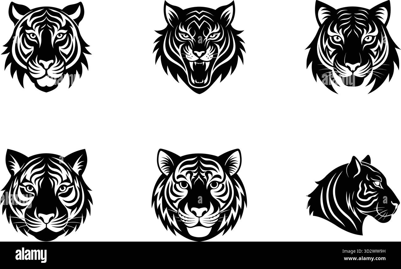 Una collezione di sei illustrazioni dettagliate in bianco e nero della testa di gatto Illustrazione Vettoriale