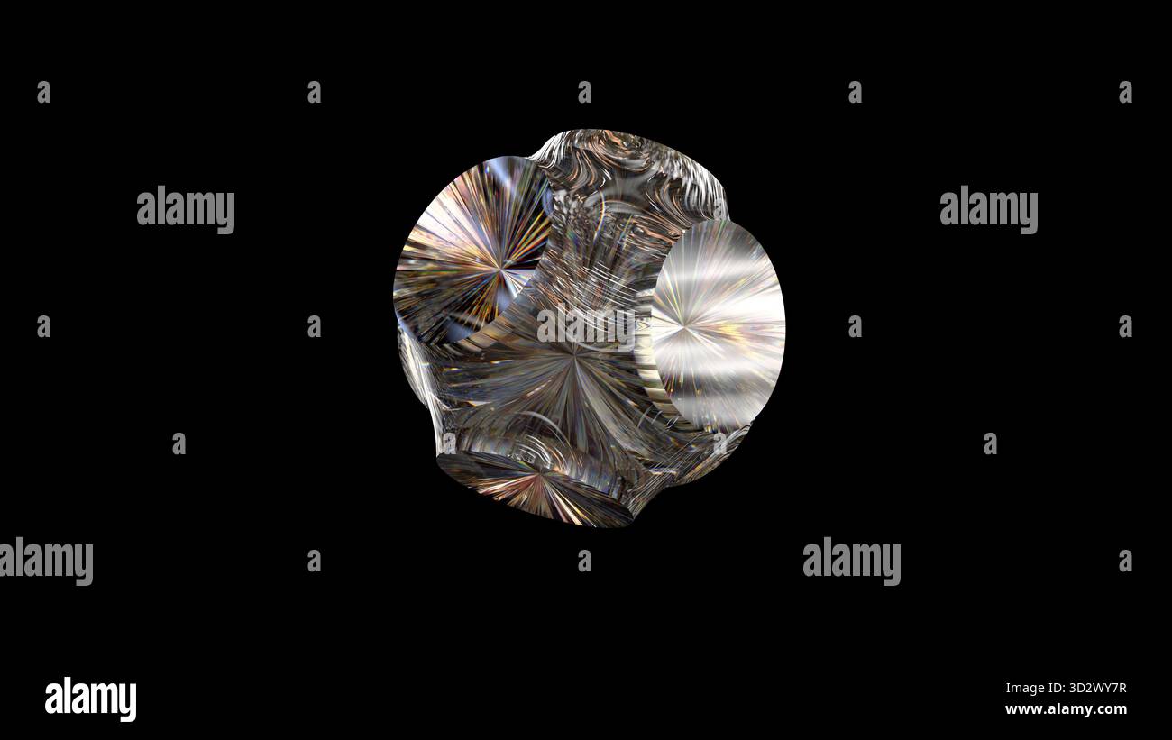 Nucleo energetico con lente a prisma con rifrazione spettrale multicolore su sfondo nero, adatto per contesti tecnologici, interfacciali e scientifici. Foto Stock