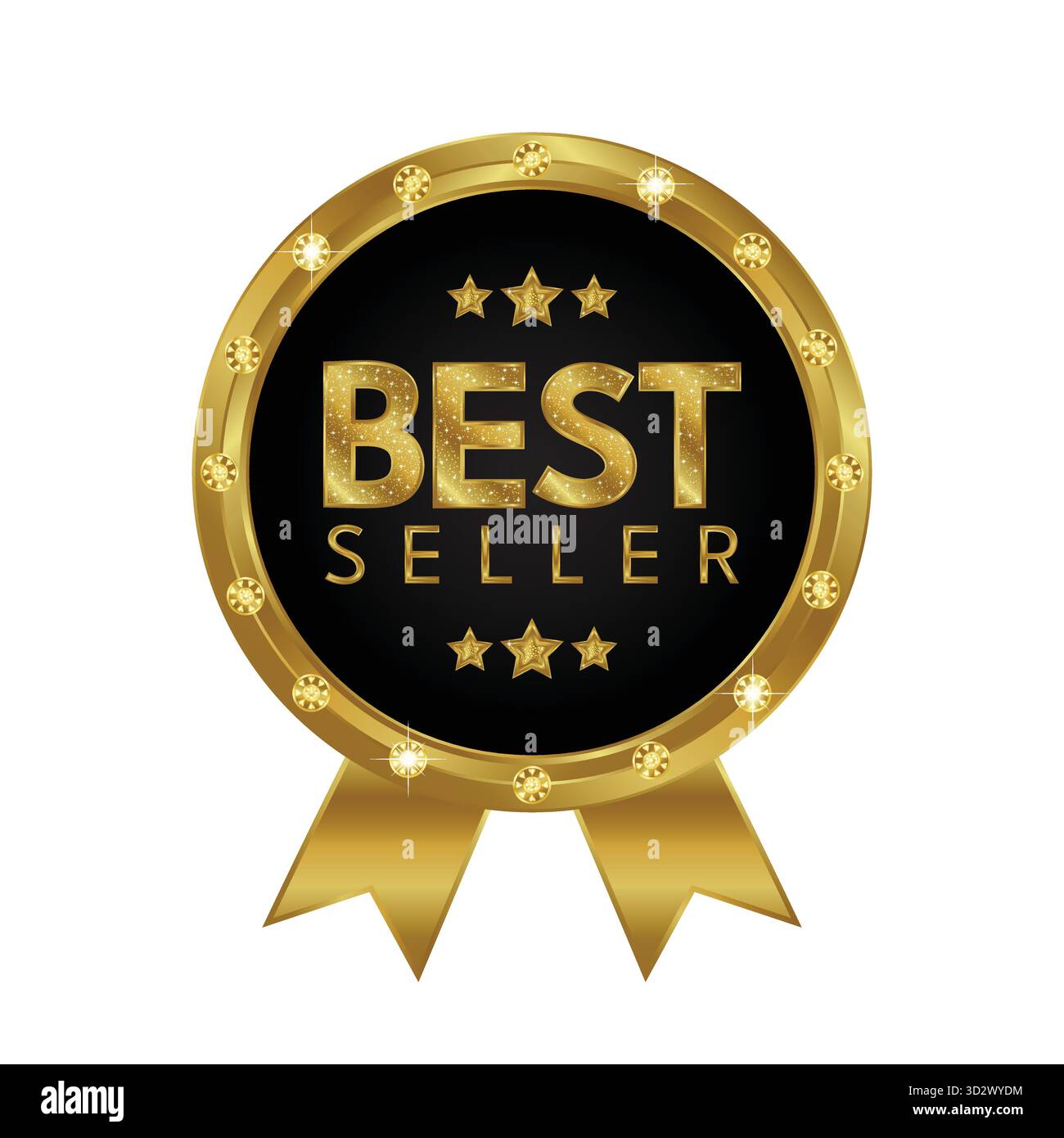 Medaglia d'oro BEST seller con stelle del nastro e cornice diamantata. Illustrazione Vettoriale