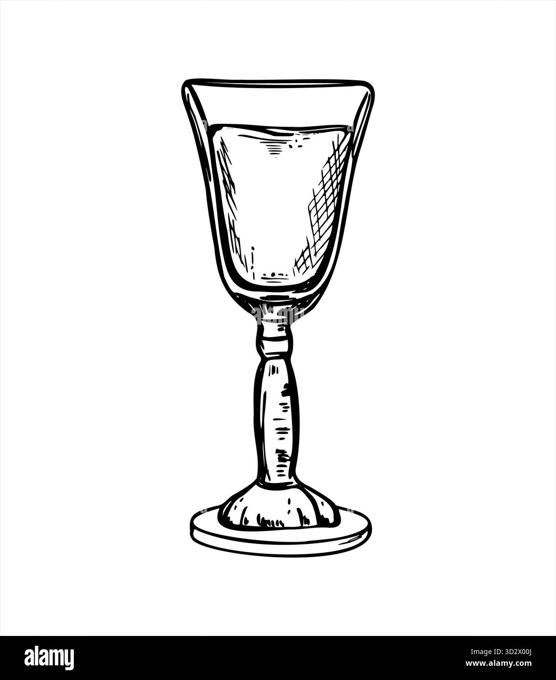 Piccolo vetro a stelo con bevanda alcolica monocromatica vettoriale line art nero schizzo. Shot di vetro con limoncello, grappa o brandy Illustrazione Vettoriale