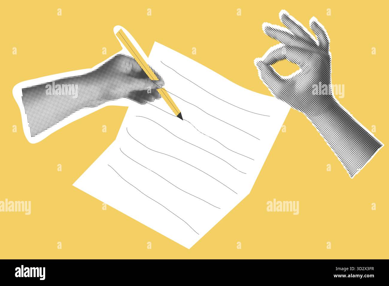 Analisi dei problemi relativi al segno ok dello sfondo giallo della mano di collage dei mezzitoni. Grafico delle statistiche del mercato azionario. Grafico dei dati aziendali finanziari. Trovare la soluzione o la risposta alla causa o all'incidente. Illustrazione vettoriale Illustrazione Vettoriale