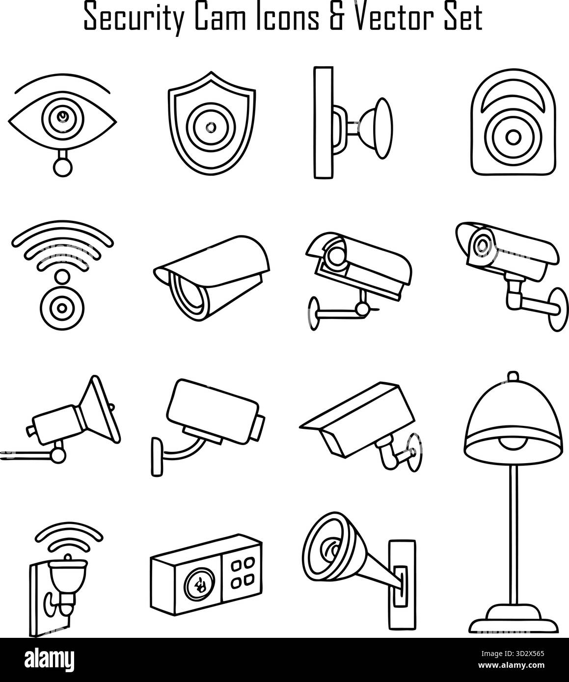 Illustrazione delle icone della telecamera di sicurezza per la progettazione di sorveglianza, sicurezza e monitoraggio Illustrazione Vettoriale