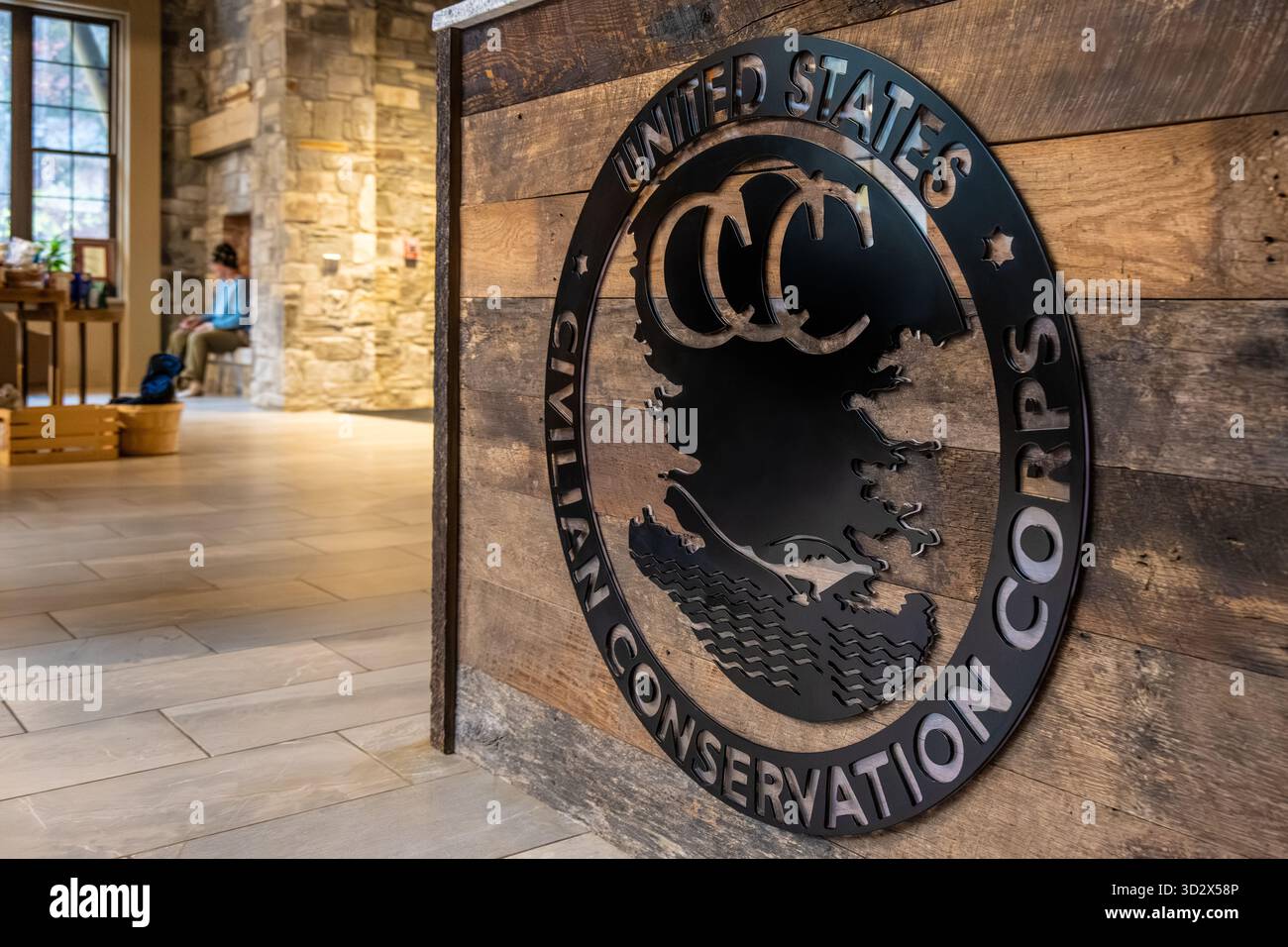 Emblema del Civil Conservation Corps (CCC) nel Visitor Center del Vogel State Park, un parco della Georgia parzialmente costruito dal CCC negli anni '1930 Foto Stock