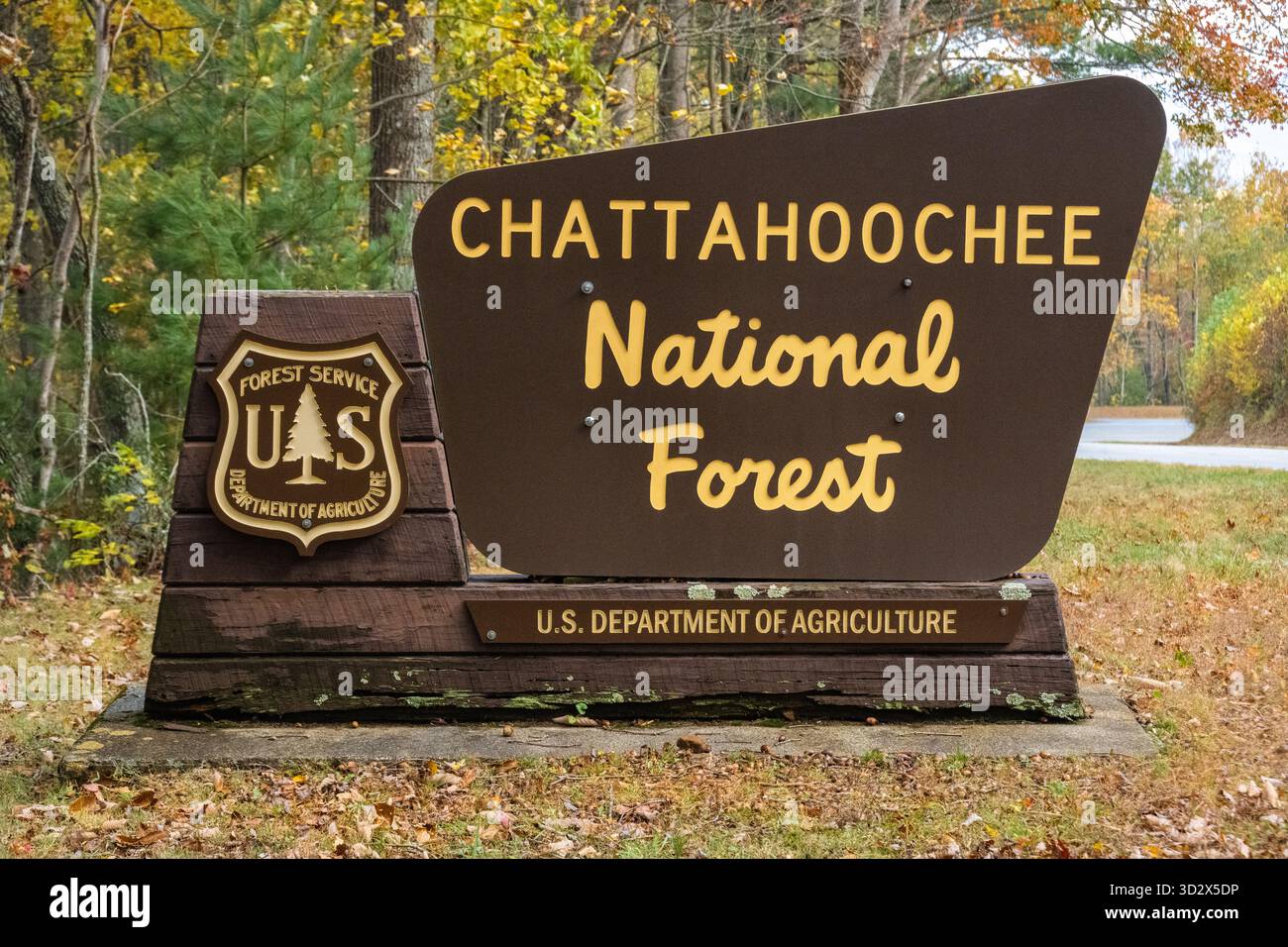 Il cartello della foresta nazionale di Chattahoochee con il fogliame autunnale vicino al Vogel State Park e Blood Mountain nelle North Georgia Mountains. (USA) Foto Stock