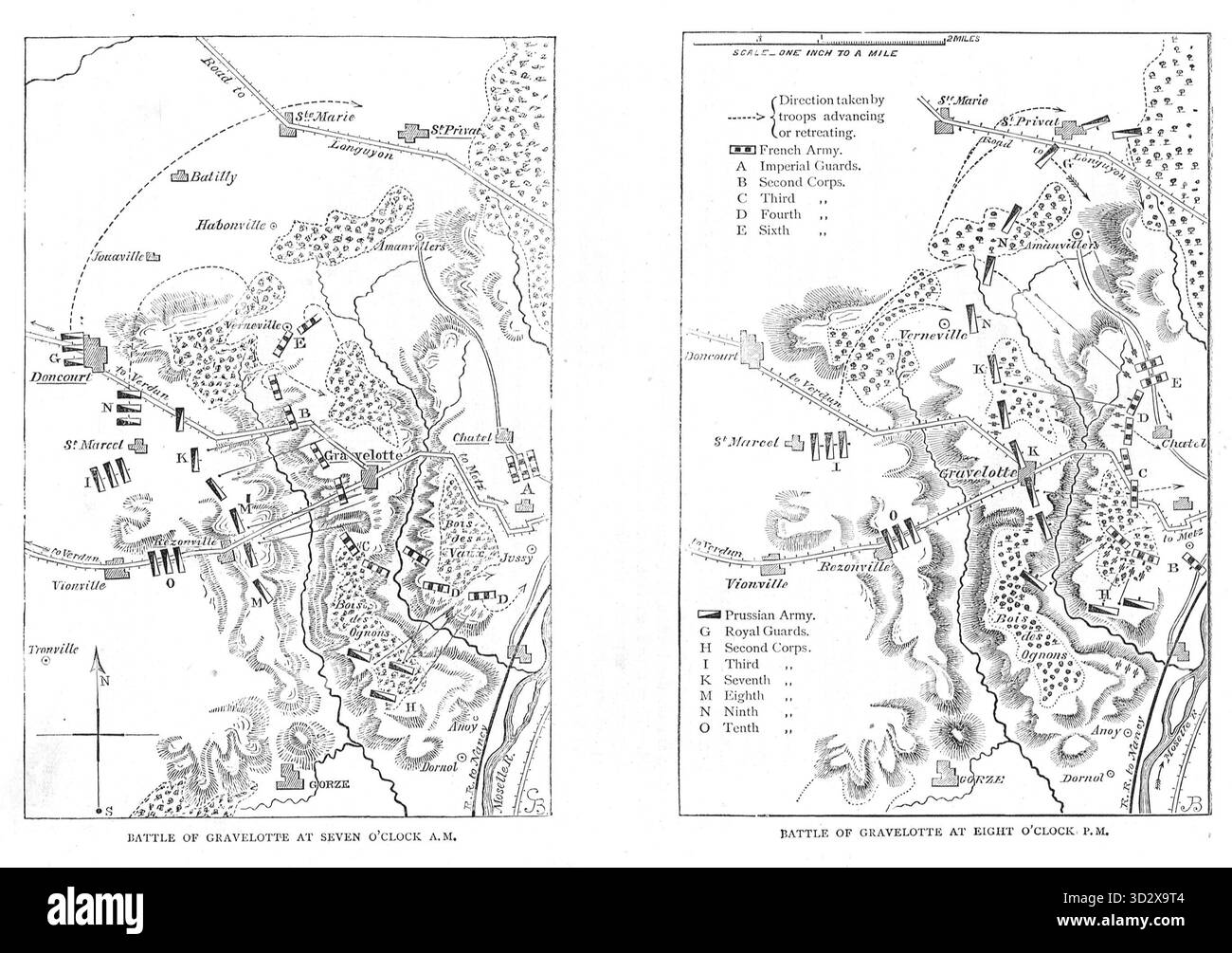 Mappa che mostra le posizioni francesi e prussiane nella battaglia di Gravelotte, alle 7:00 e alle 20:00. 18 agosto 1870. La più grande battaglia della guerra franco-prussiana. Foto Stock