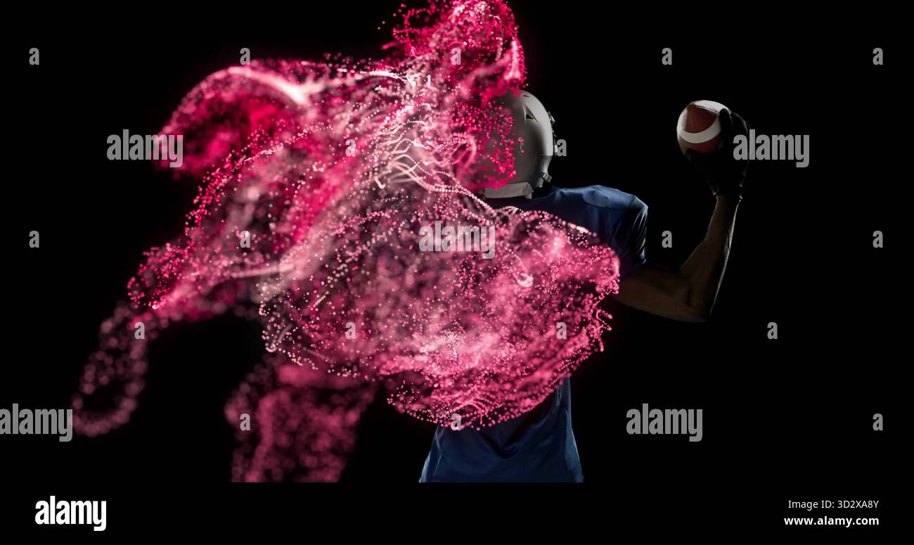 Braccio tirafili che tiene il football, giocatore afroamericano sul set con casco bianco, cuscini, particelle rosse Foto Stock
