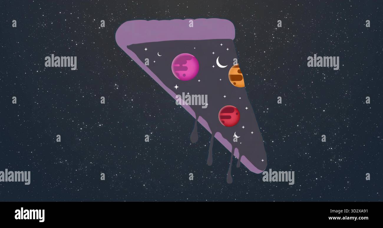 Fetta di pizza galleggiante che scivola attraverso il campo stellare cosmico con quattro condimenti simili a un pianeta, tre gocce d'acqua Foto Stock