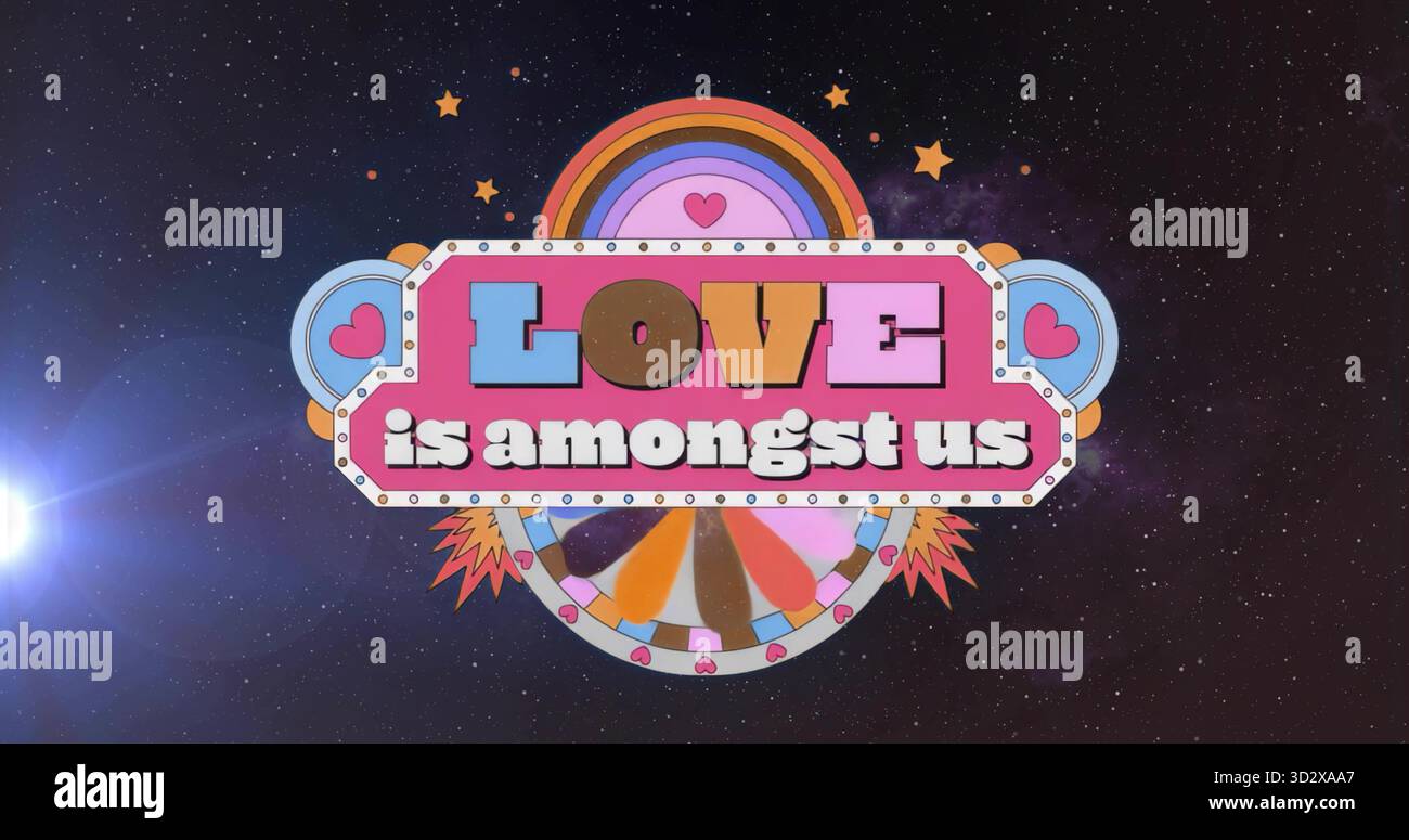 Mostra un cartello con la scritta "LOVE Among Among Us" a starfield con arco arcobaleno e ruota carnevalesca Foto Stock