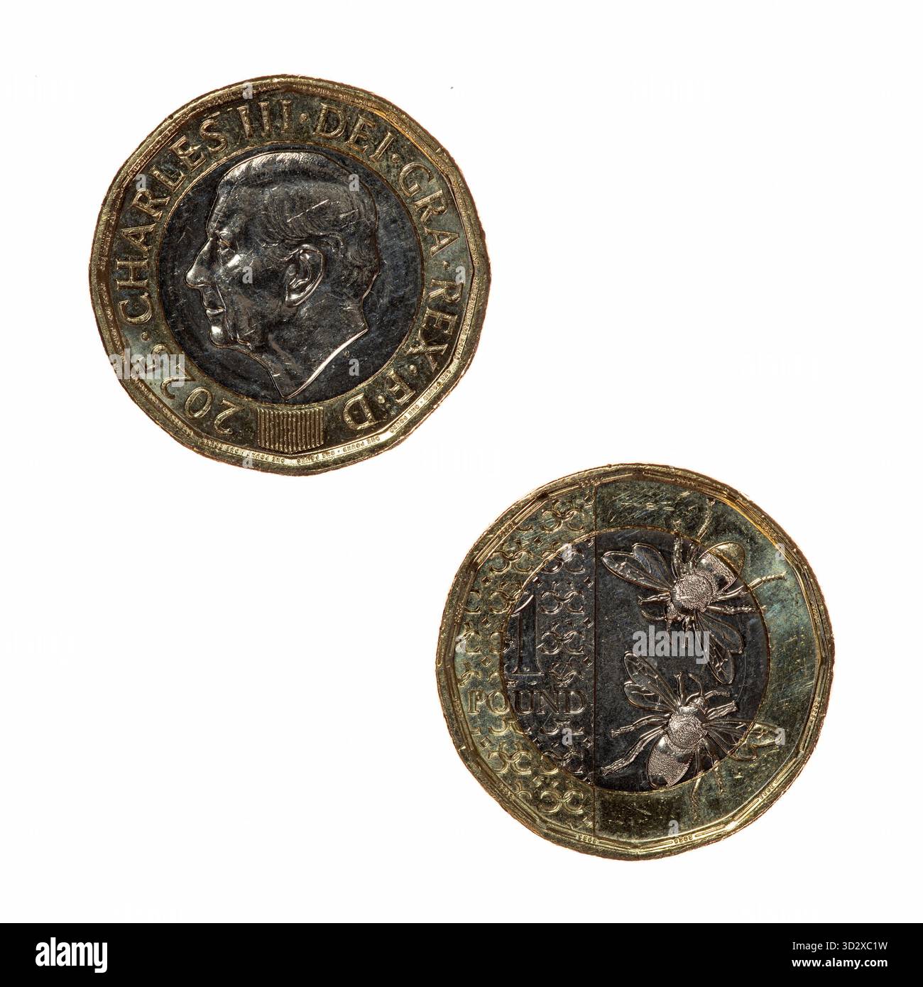 2025 Re Carlo III nuovo disegno moneta da sterlina - una sterlina - dritto e rovescio Foto Stock