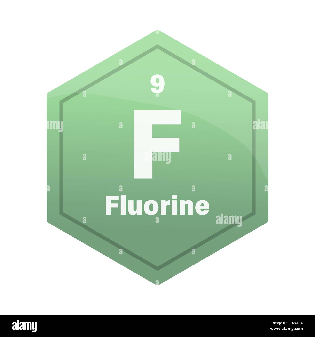 Piastrella elemento chimico fluoro. Atomico numero nove. F firma icona vettore. Esagonale gradiente verde calce. EPS 10. Illustrazione Vettoriale