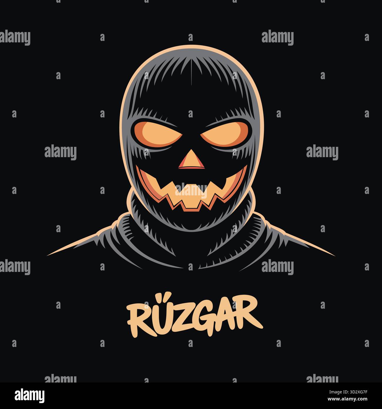 Questa suggestiva illustrazione presenta un personaggio dall'aspetto minaccioso, caratterizzato da una maschera nera e occhi arancioni brillanti. Il design include Illustrazione Vettoriale