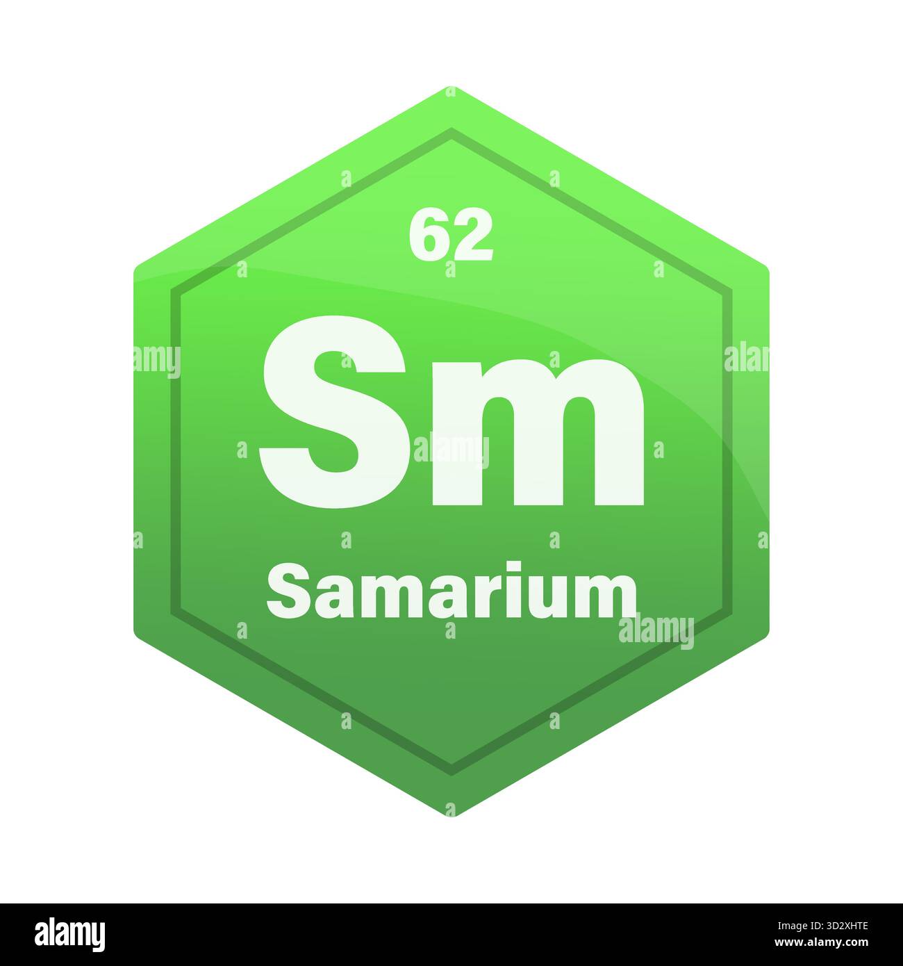 Piastrella con elemento chimico in samario. Numero atomico 62. Segno chimico SM. Esagono vettoriale verde brillante. EPS 10. Illustrazione Vettoriale