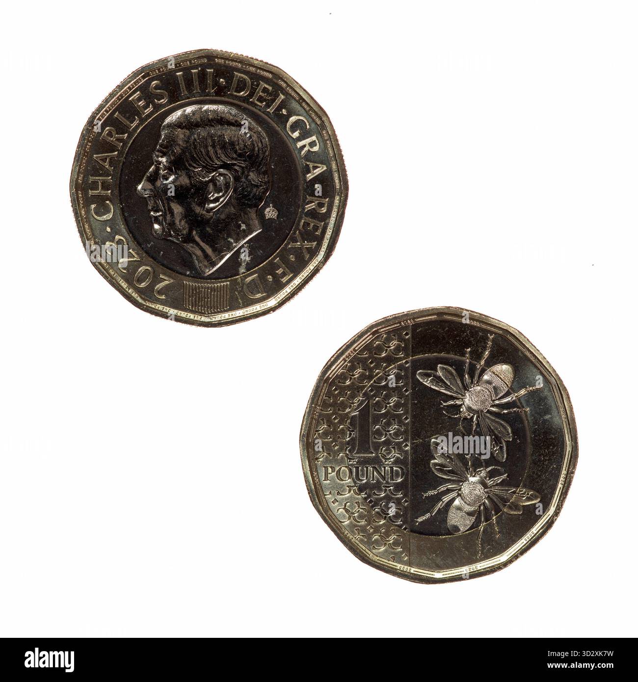 2023 Re Carlo III nuovo disegno moneta da sterlina - una sterlina - dritto e rovescio Foto Stock