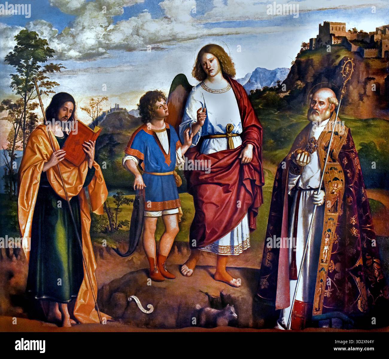 L Arcangelo Raffaele con Tobiolo tra Santi Nicolò e Giacomo Maggiore - l Arcangelo Raffaele con Tobiolo tra i Santi Nicolò e Giacomo Maggiore di Giambattista Cima da Conegliano ,1459 -1518 ,Italia, ITALIANO, Foto Stock