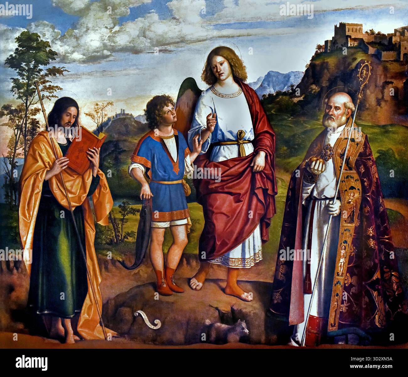 L Arcangelo Raffaele con Tobiolo tra Santi Nicolò e Giacomo Maggiore - l Arcangelo Raffaele con Tobiolo tra i Santi Nicolò e Giacomo Maggiore di Giambattista Cima da Conegliano ,1459 -1518 ,Italia, ITALIANO, Foto Stock