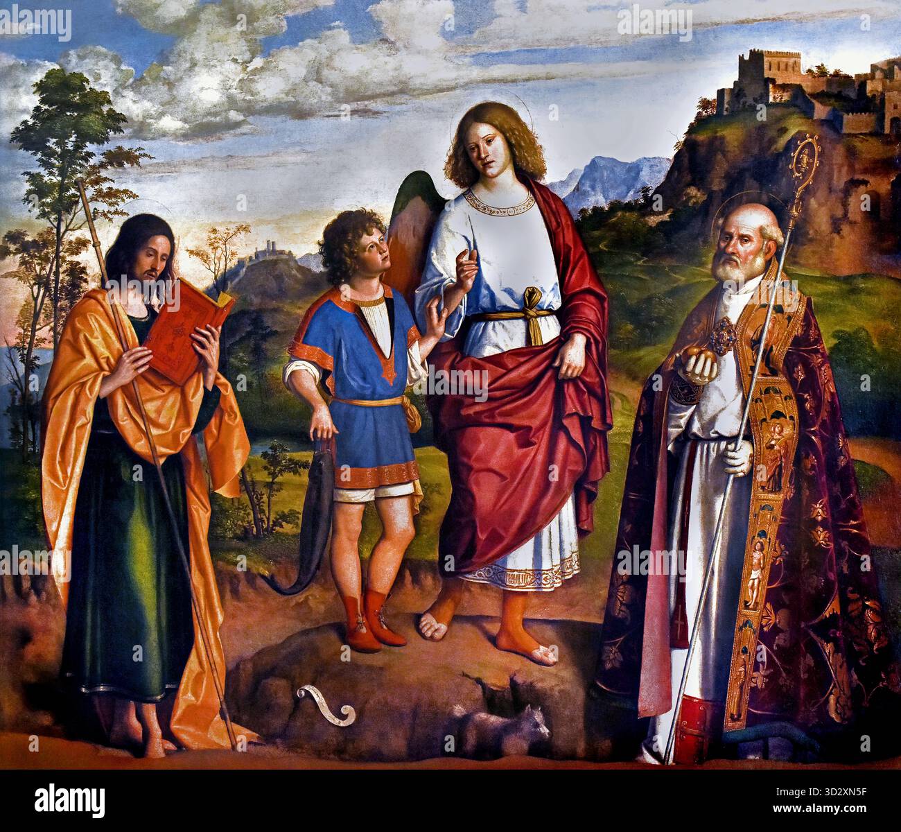 L Arcangelo Raffaele con Tobiolo tra Santi Nicolò e Giacomo Maggiore - l Arcangelo Raffaele con Tobiolo tra i Santi Nicolò e Giacomo Maggiore di Giambattista Cima da Conegliano ,1459 -1518 ,Italia, ITALIANO, Foto Stock