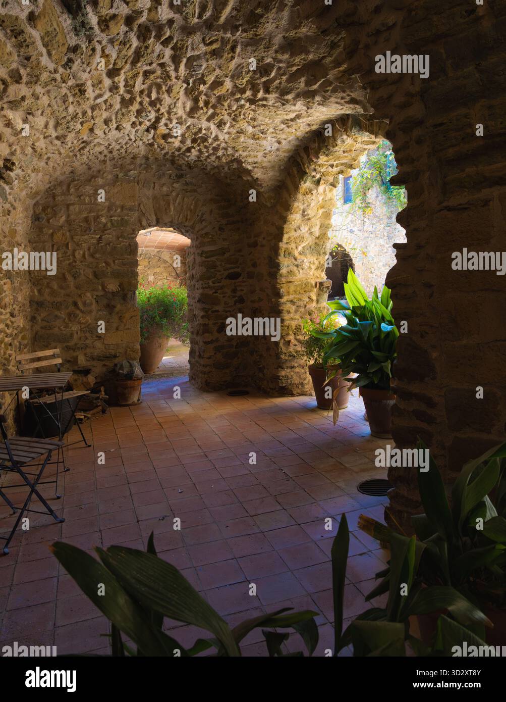 Accogliente angolo in pietra a Monells, in Catalogna, con soffitti ad arco, piante in vaso e mobili rustici sotto luce naturale filtrata. Foto Stock