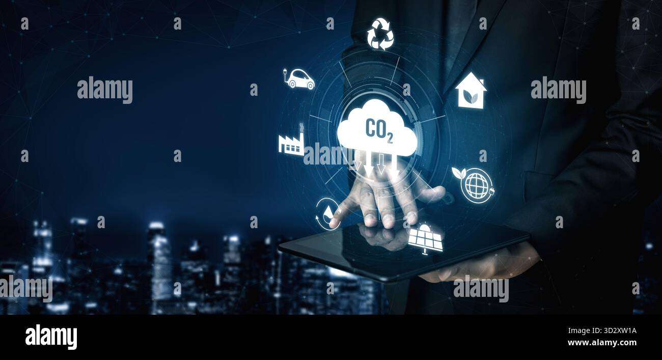 Le strategie nette di riduzione dello zero e delle emissioni di CO2 promuovono la sostenibilità, le energie rinnovabili e le pratiche aziendali responsabili del clima per un futuro più verde. Garanzia Foto Stock