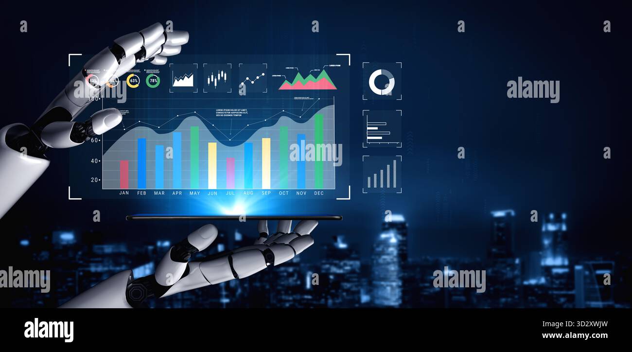 Un dashboard ai per l'analisi dei dati aziendali e il monitoraggio delle prestazioni. Una raccolta di grafici generati dall'intelligenza artificiale per la valutazione strategica dell'azienda. Motivo Foto Stock