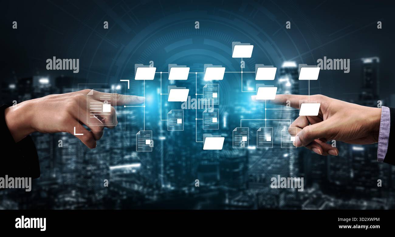 Struttura digitale dei file che mostra l'organizzazione delle cartelle, la gerarchia dei file e la disposizione dei documenti. La struttura dei file supporta la gestione, migliora l'accesso e. Foto Stock
