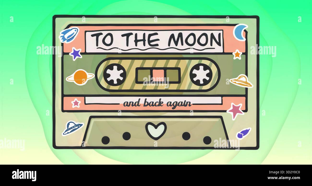 Nastro a cassetta vintage galleggiante su sfondo verde giallo gradiente, con adesivi spaziali Foto Stock