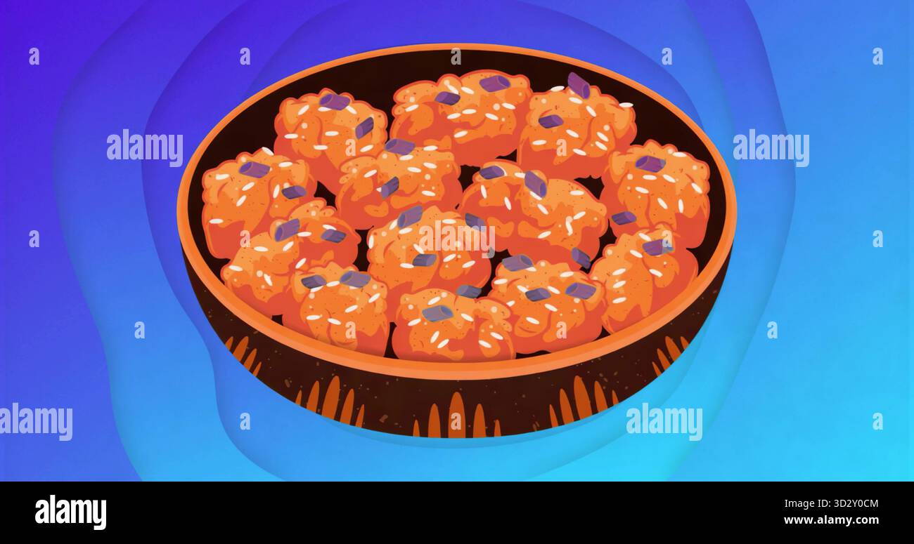 Recipiente con dieci snack arancioni su sfumature blu viola, puntini bianchi con semi viola Foto Stock