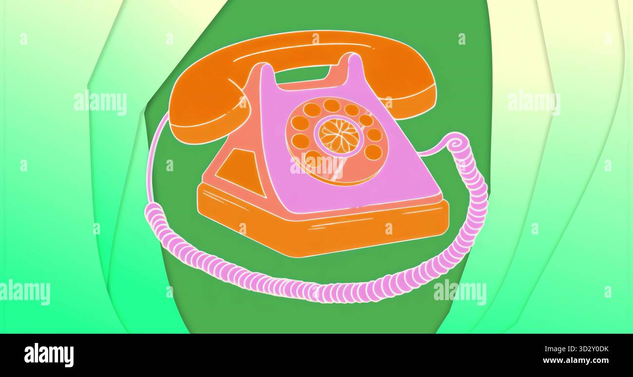 Grafica con telefono rotativo classico con cavo a spirale, su forme verdi a strati Foto Stock