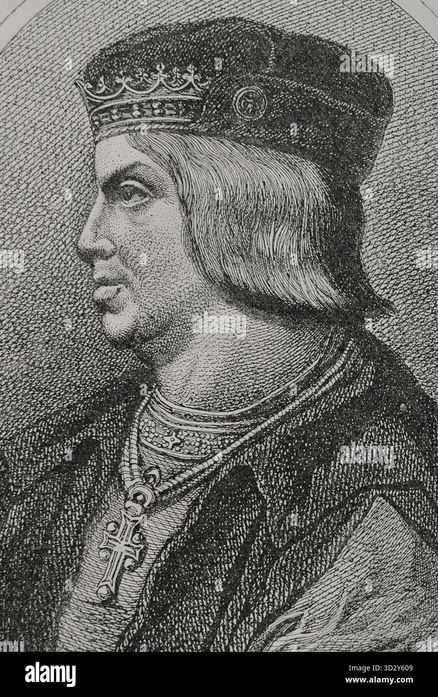 Ferdinando II d'Aragona, chiamato cattolico (1452-1516). Re della Corona d'Aragona. Re di Castiglia come Ferdinando V (1474-1504). Verticale. Incisione. Foto Stock