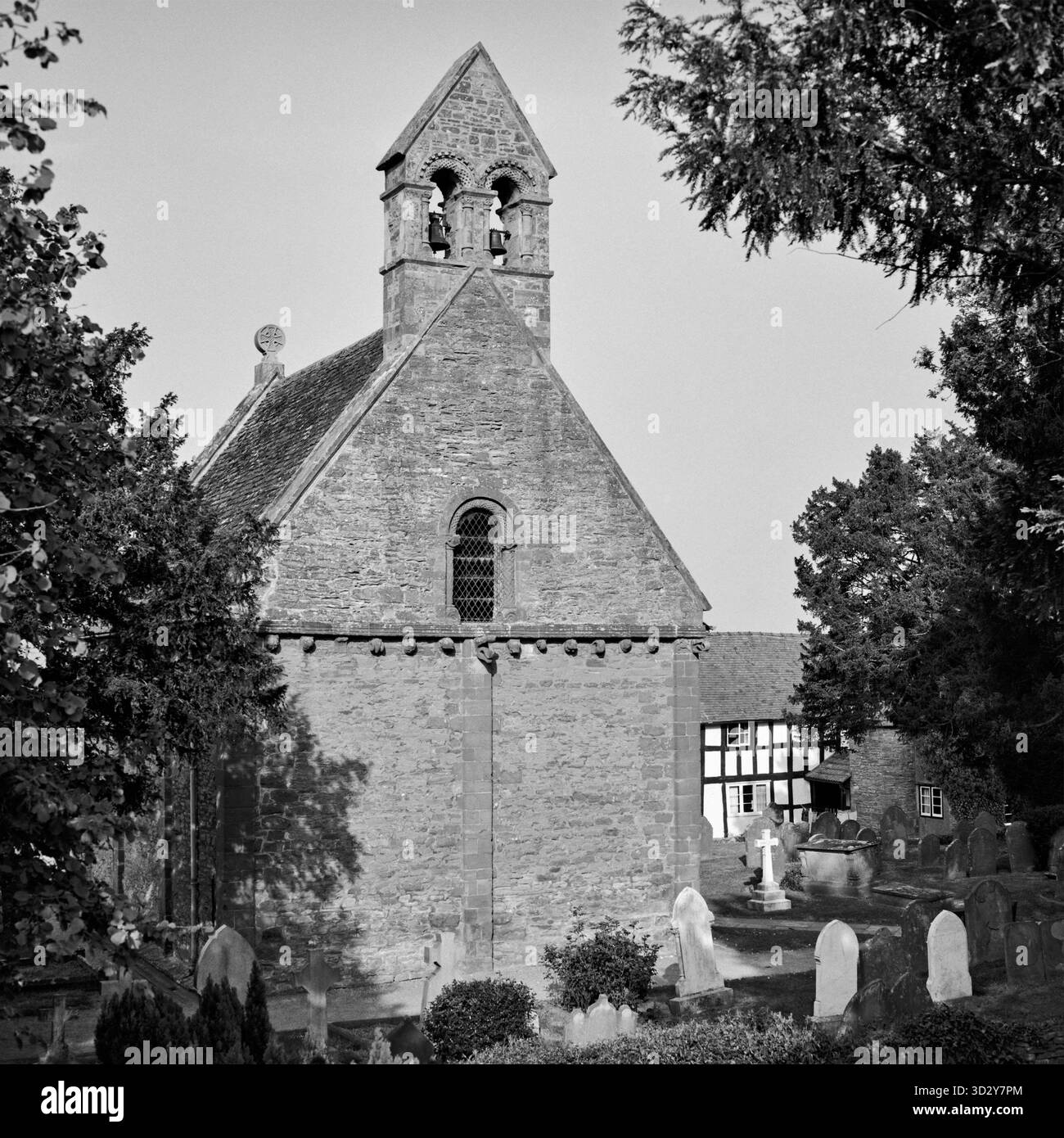 St Mary and St David's 12th Century Church, Kilpeck, Herefordshire, UK, in monocromia Foto Stock