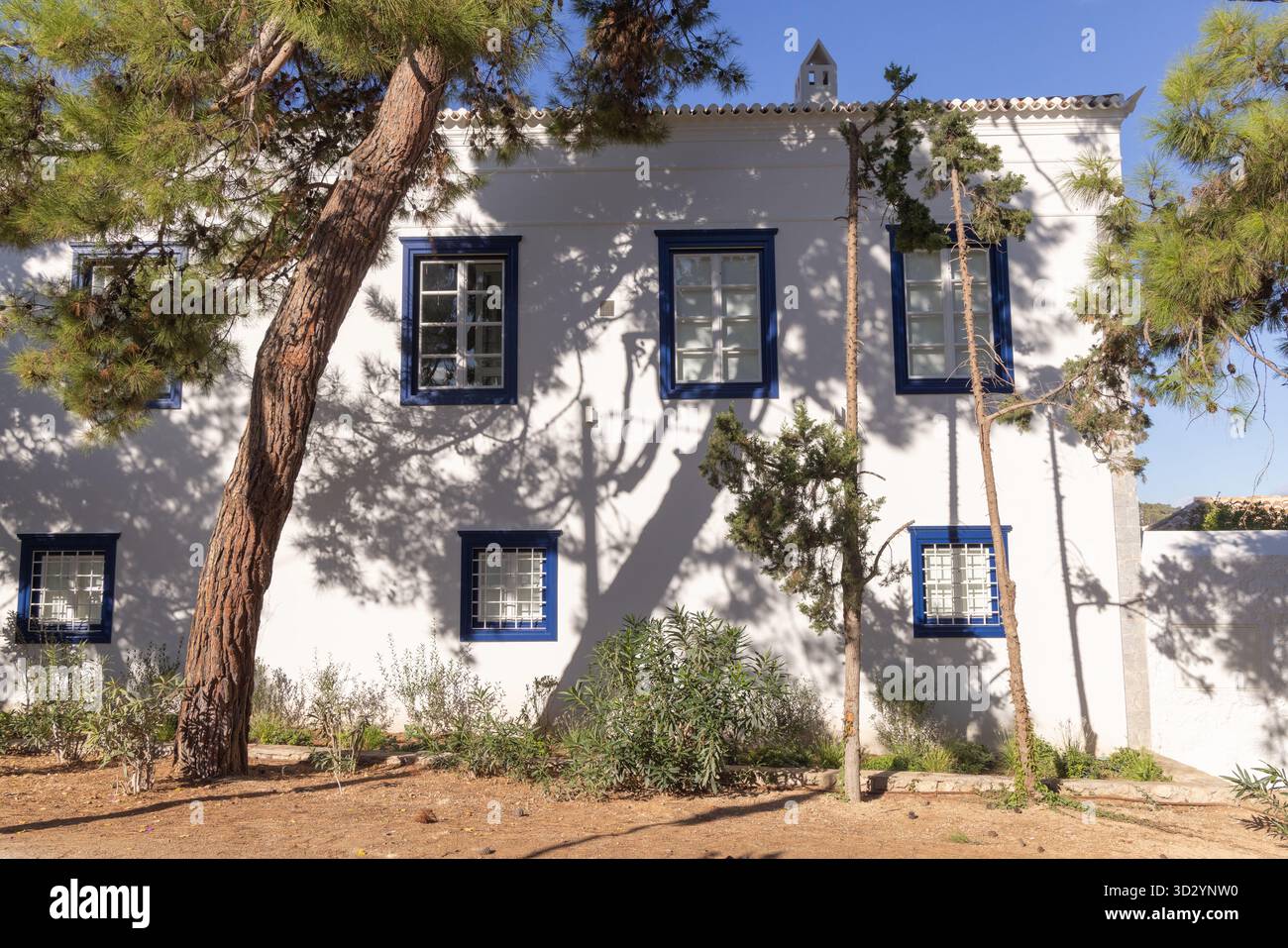 Tipica casa greca blu e bianca; Spetses, Isole greche Saroniche, Grecia. Stile di vita greco. Foto Stock