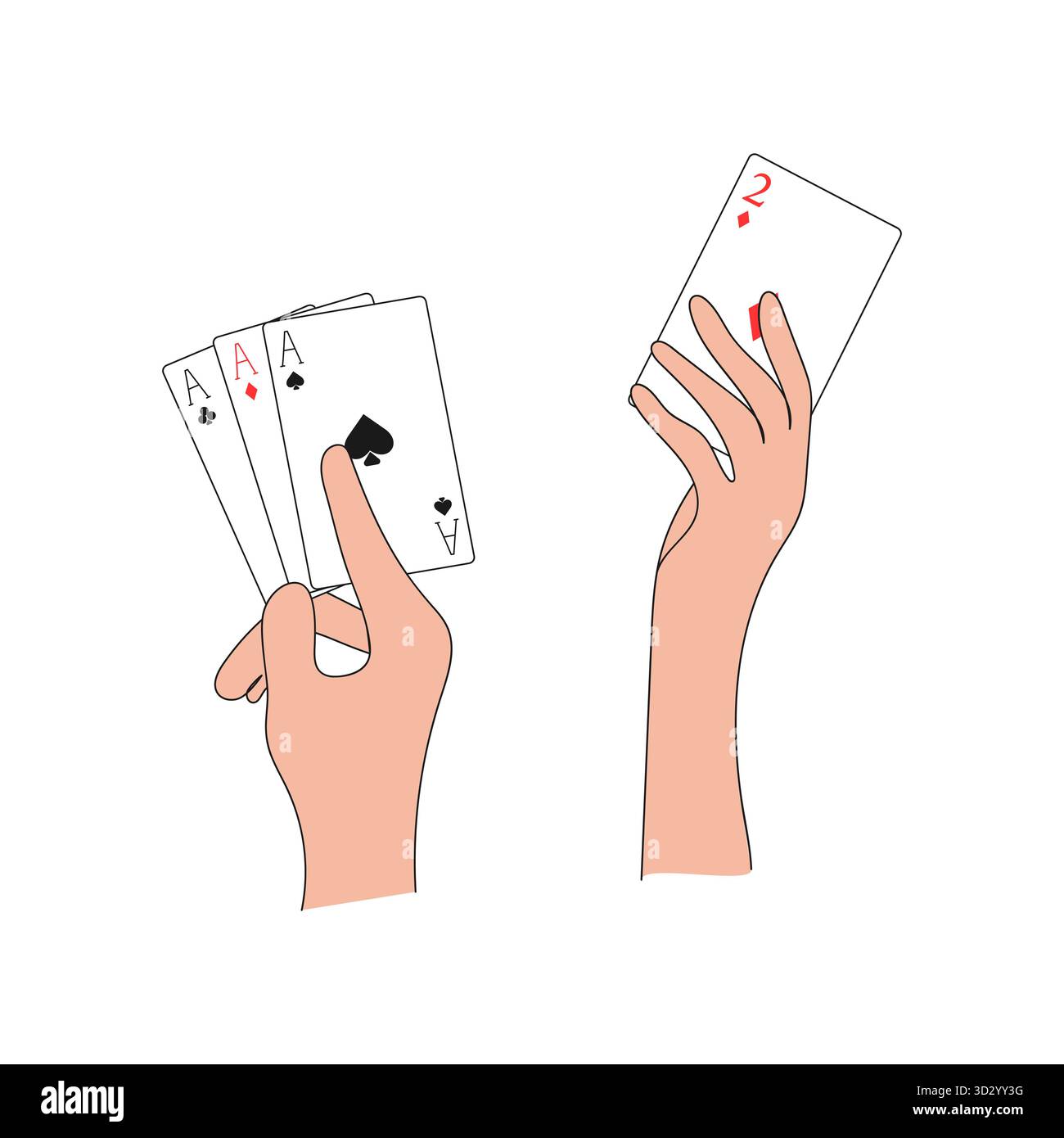 Mani che tengono carte da gioco. Confronto vincente e negativo del poker. Illustrazione vettoriale. Gioco d'azzardo, casinò, poker, giochi di carte. Illustrazione Vettoriale