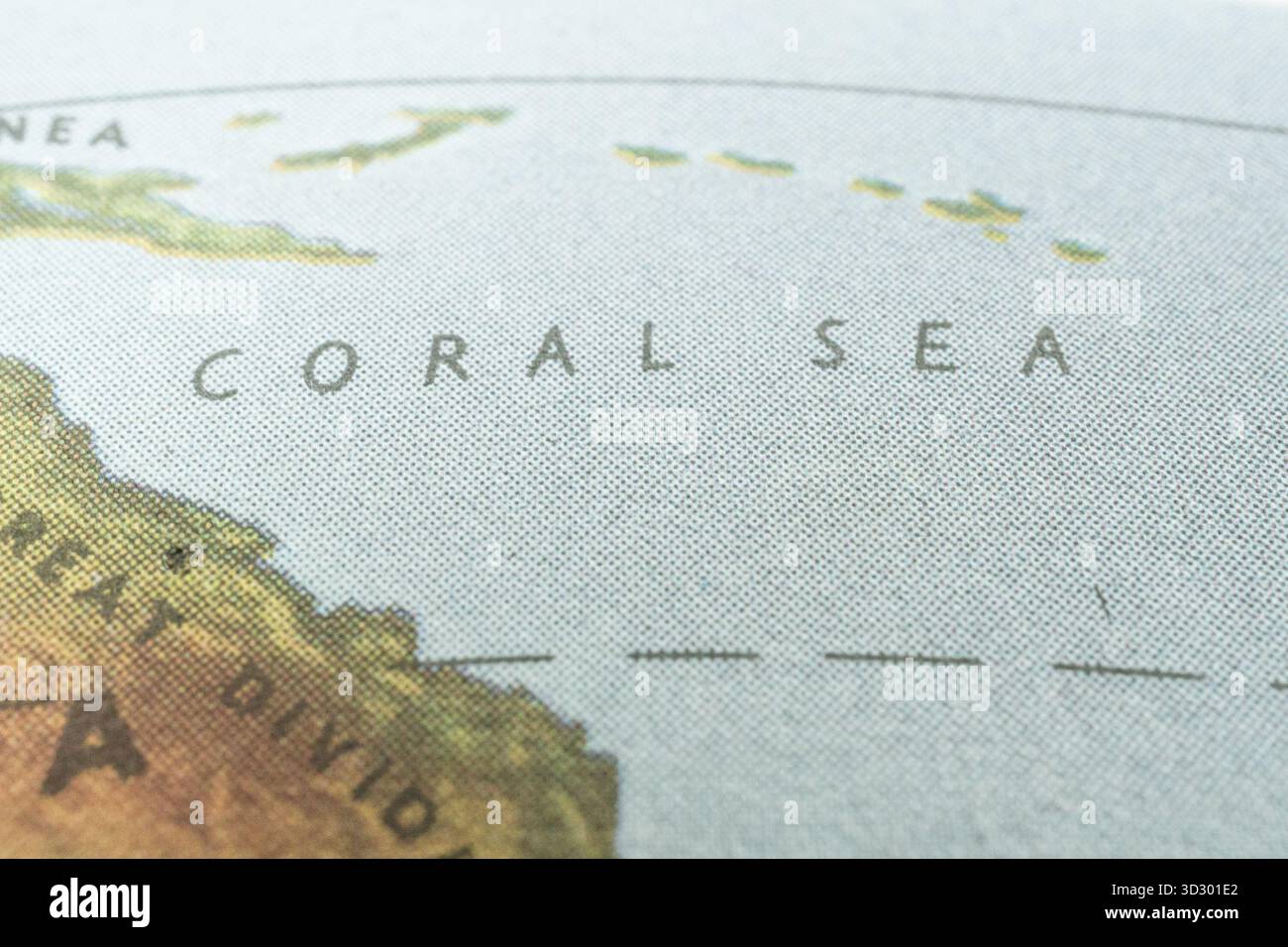 Mappa nautica ravvicinata della zona del Mar dei Coralli, con confini, coste, isole, pista, rombi in stile storico, rosa bussola, nav. marittimo Foto Stock