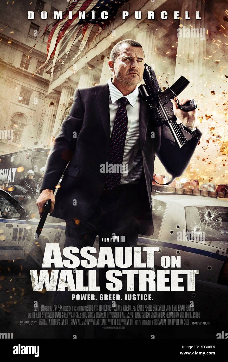 Assault on Wall Street (2013) diretto da Uwe Boll e interpretato da Dominic Purcell, Erin Karpluk e Edward Furlong. Una guardia di sicurezza si vendica violentemente dei finanziatori di Wall Street dopo aver perso tutto durante la crisi finanziaria. USA SOLO PER USO EDITORIALE DI un foglio di poster. Crediti: BFA / Phase 4 Films Foto Stock