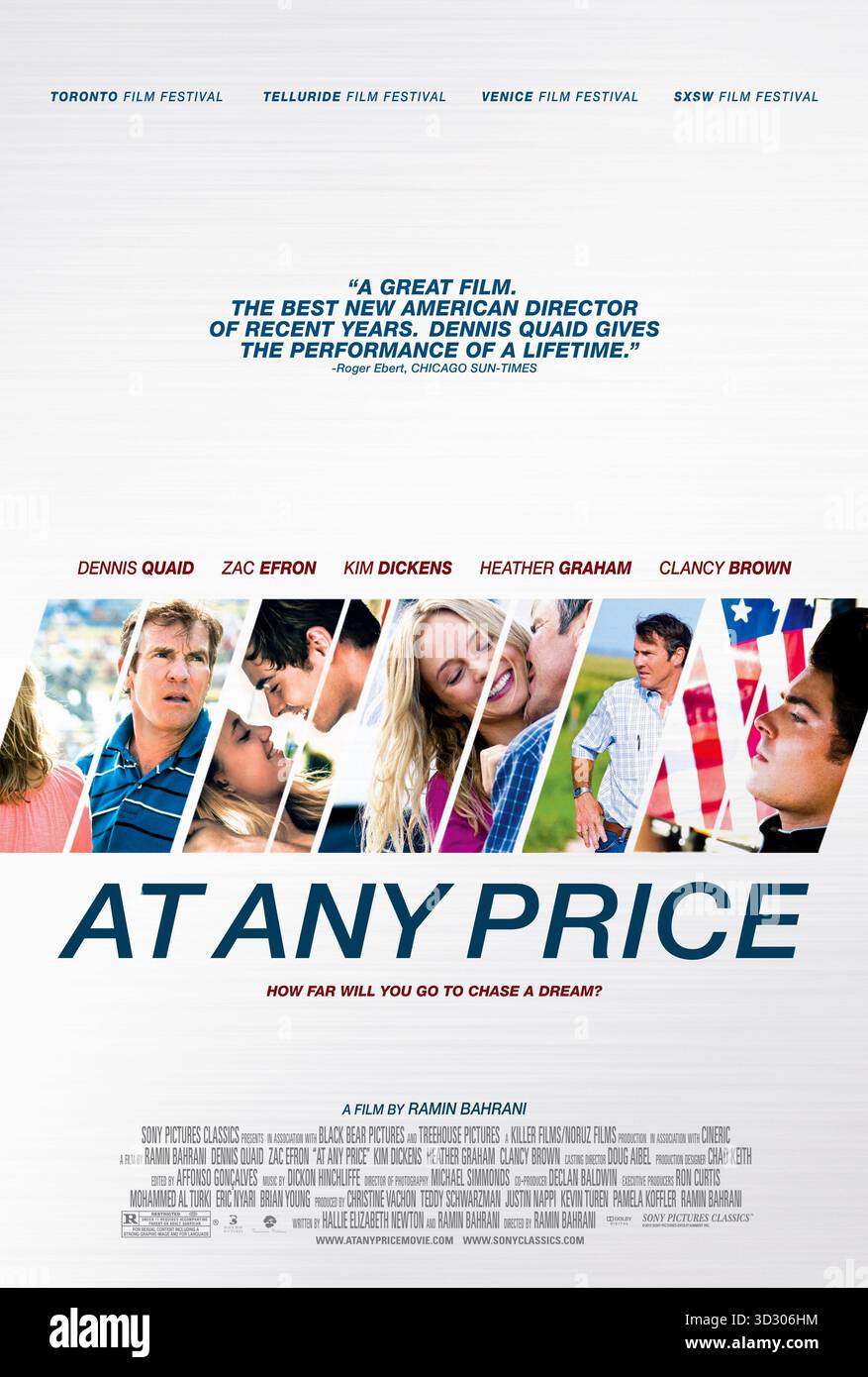 At Any Price (2012) diretto da Ramin Bahrani e interpretato da Dennis Quaid, Zac Efron e Heather Graham. Nell’America rurale, l’ambizione di un padre per la sua fattoria si scontra con il sogno di suo figlio di guidare le auto da corsa, portando a conflitti familiari e scandali. USA SOLO PER USO EDITORIALE DI un foglio di poster. Crediti: BFA / Sony Pictures Classics Foto Stock