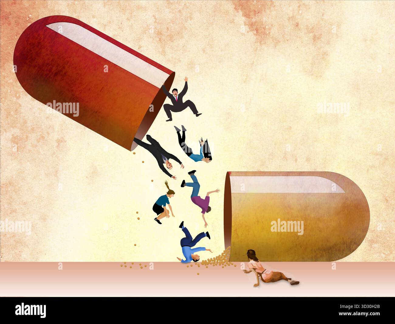 Le persone che dipendono da un farmaco, trovano la libertà quando fuoriescono da una capsula di medicina in un'illustrazione 3D sulla dipendenza da droga. Foto Stock