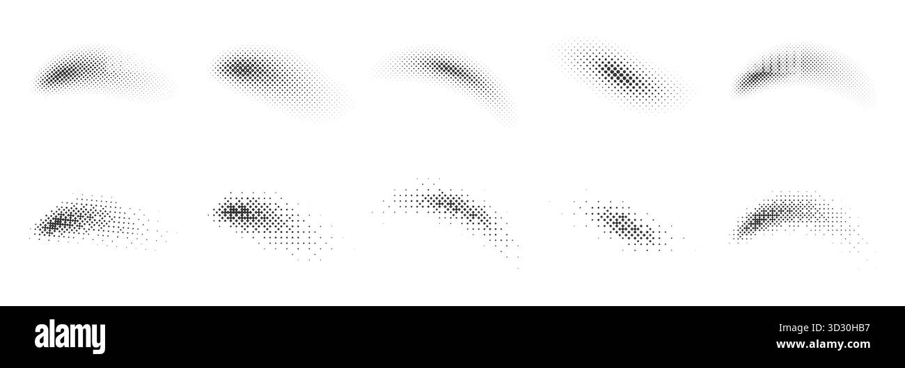 Forme tratteggiate astratte del gradiente mezzitoni. Forma di pixel in dissolvenza, design geometrico a rigidità. Motivo a grana monocromatica, composizione tratteggiata stile raster retrò. Effetto grafico ombreggiatura bianco e nero Illustrazione Vettoriale