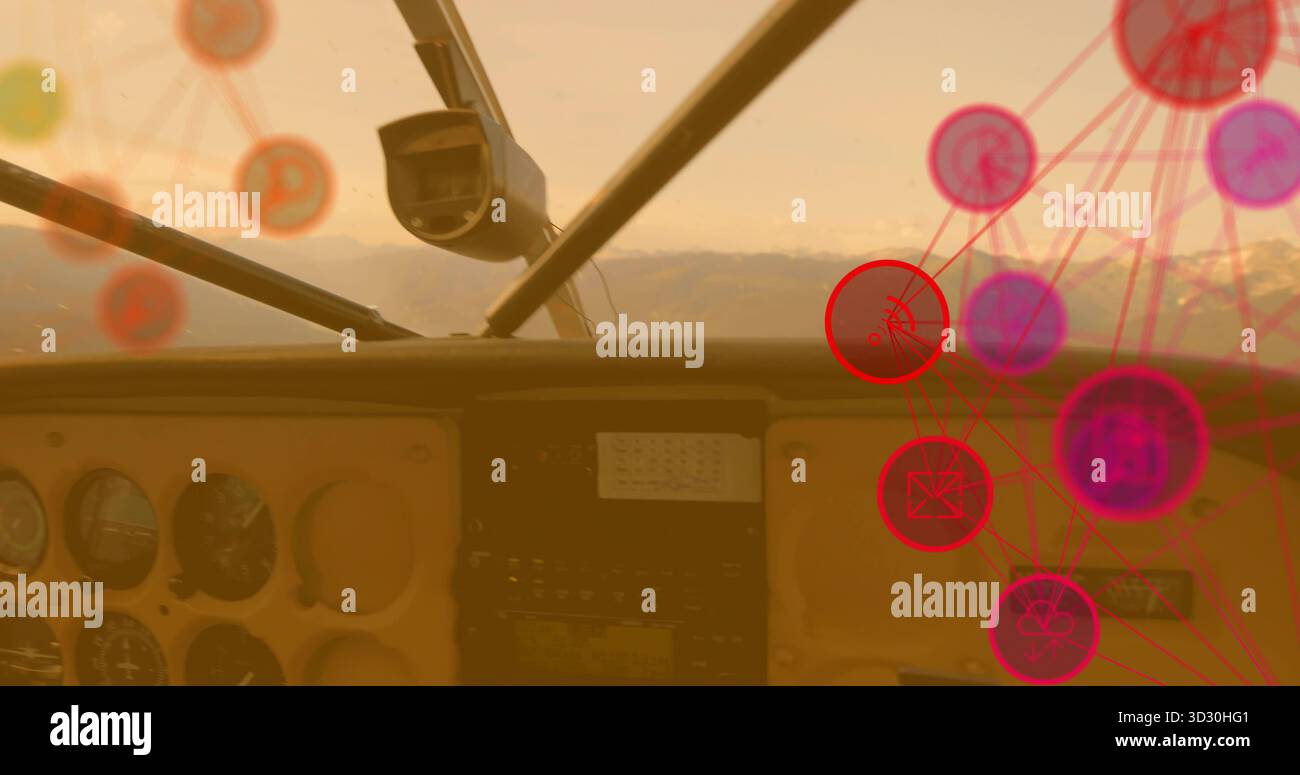 Visualizzazione del quadro strumenti del cockpit con indicatori sulle montagne innevate, con sovrapposizione della rete Foto Stock