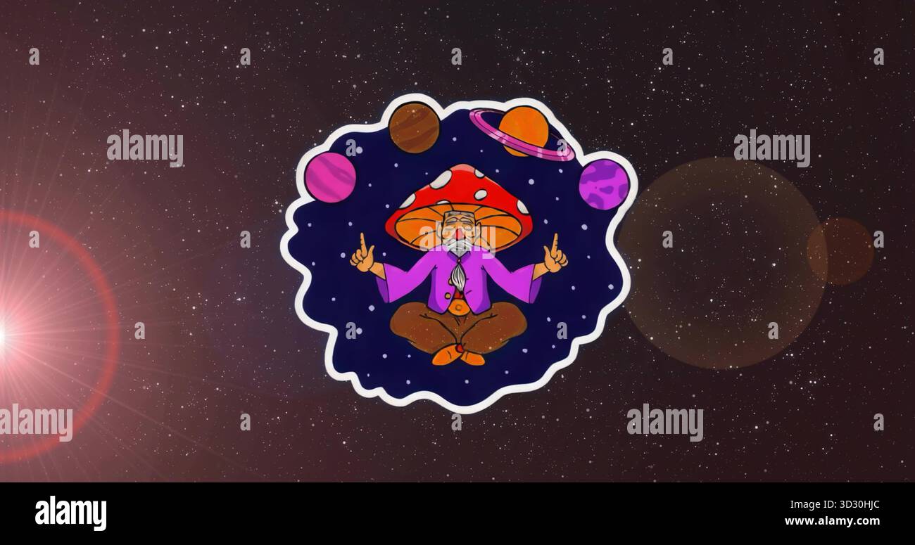 Guru meditato con i funghi che indossa abiti viola e scarpe arancioni in un cosmo stellato, con pianeti Foto Stock