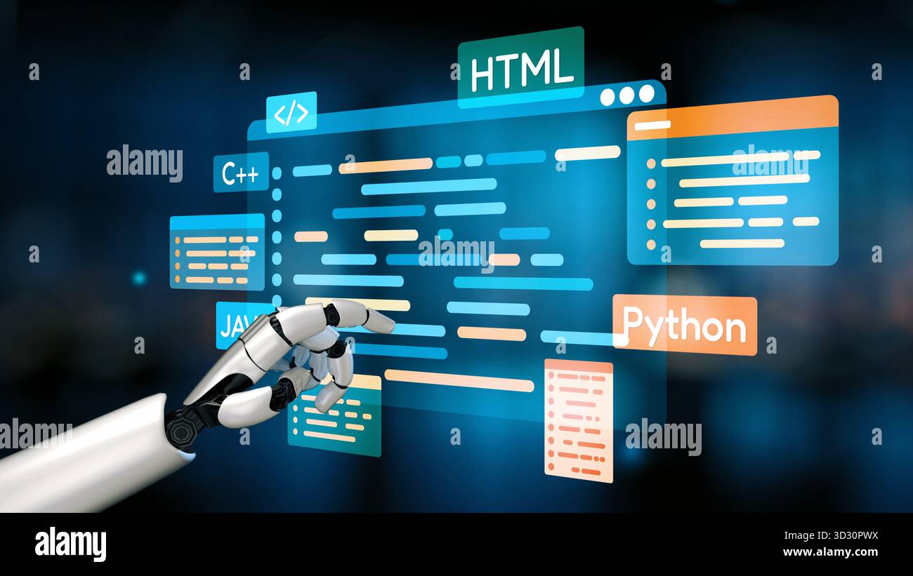 L'intelligenza artificiale aiuta lo sviluppo del software tramite strumenti di codifica intelligenti, debug di assistente virtuale e automazione intelligente nel digitale Foto Stock