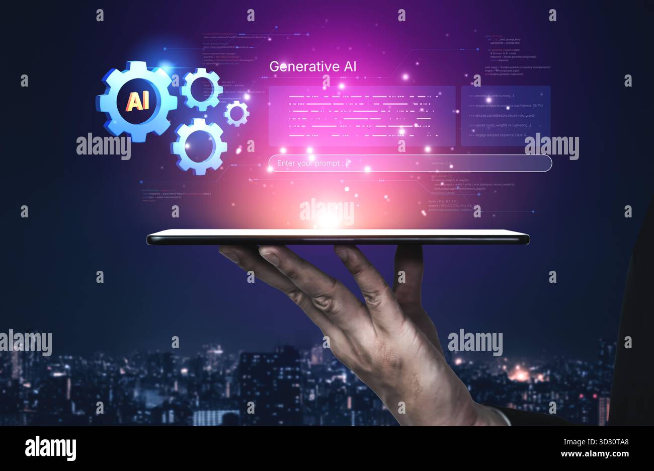 Un concetto futuristico di una piattaforma di intelligenza artificiale aziendale. Questo sistema utilizza l'apprendimento automatico per l'automazione aziendale, l'analisi dei dati e. Foto Stock