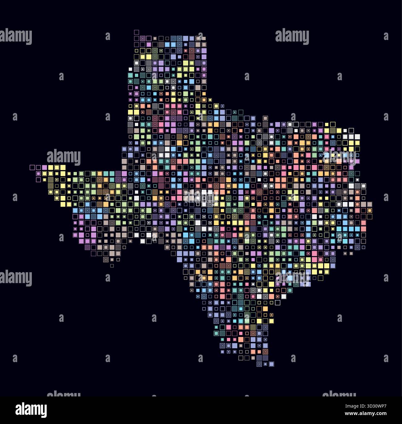 Texas, forma dello stato costruito con celle colorate. Mappa digitale del Texas su sfondo scuro. Blocchi quadrati di piccole dimensioni. Illustrazione Vettoriale