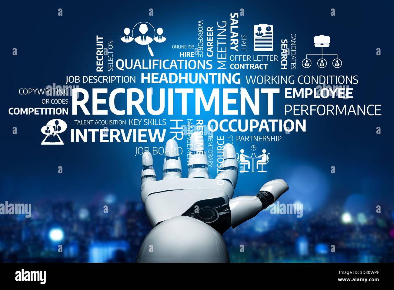 Esplora i diversi aspetti del reclutamento moderno illustrati con una mano robotica, sottolineando termini chiave come colloquio, prestazioni e qualifica Foto Stock