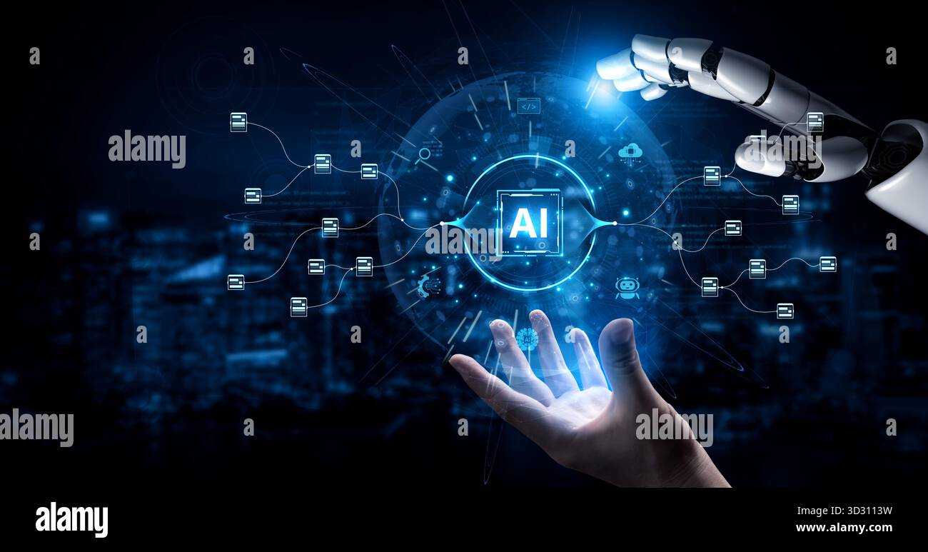 Un assistente di intelligenza artificiale generativa mostra le sue capacità di elaborazione dei dati. Questo sistema automatizza i flussi di lavoro delle informazioni e gestisce pipeline di dati complesse u Foto Stock