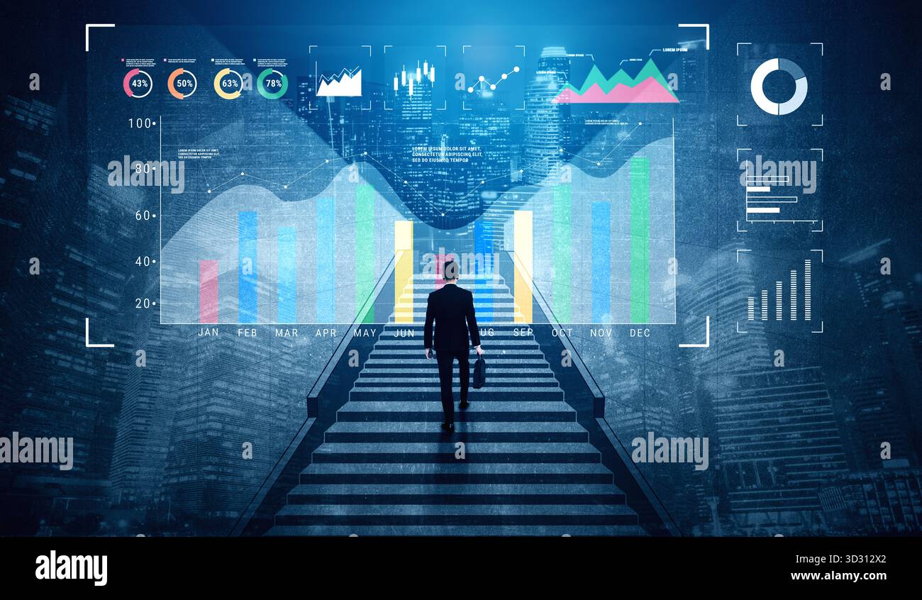 Un dashboard per l'analisi dei dati aziendali e il monitoraggio delle prestazioni. Una raccolta di grafici e grafici per la revisione strategica e la valutazione aziendale. Motivo Foto Stock