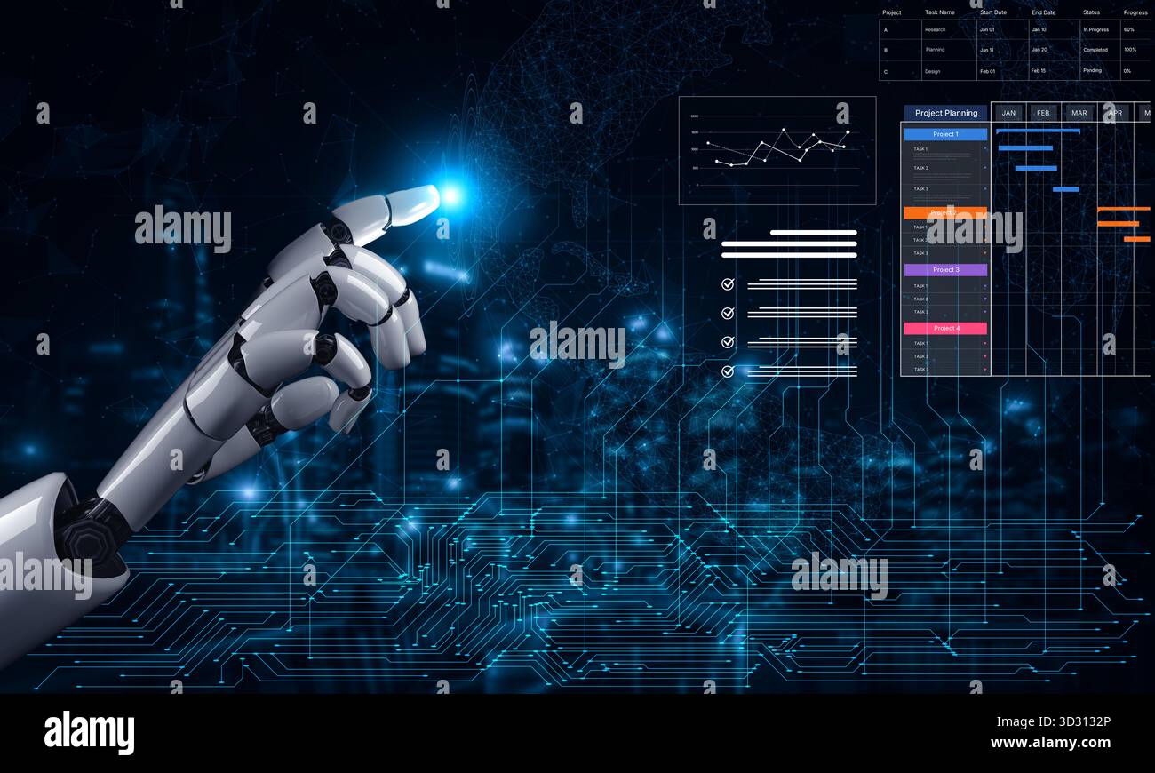 Un assistente ai gestisce un dashboard di progetto, automatizzando la pianificazione delle attività con un grafico di Gantt. Questo sistema intelligente tiene traccia dell'avanzamento e ottimizza la linea di distribuzione Foto Stock